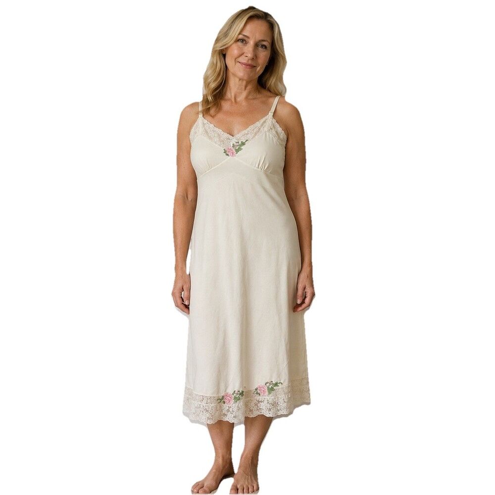 Vintage Val Mode Lingerie Ivory Nylon Embroidery Lace Slip Sz 36/38